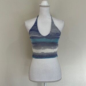 SHEIN Blue, White & Gray Knit Cropped Halter Top